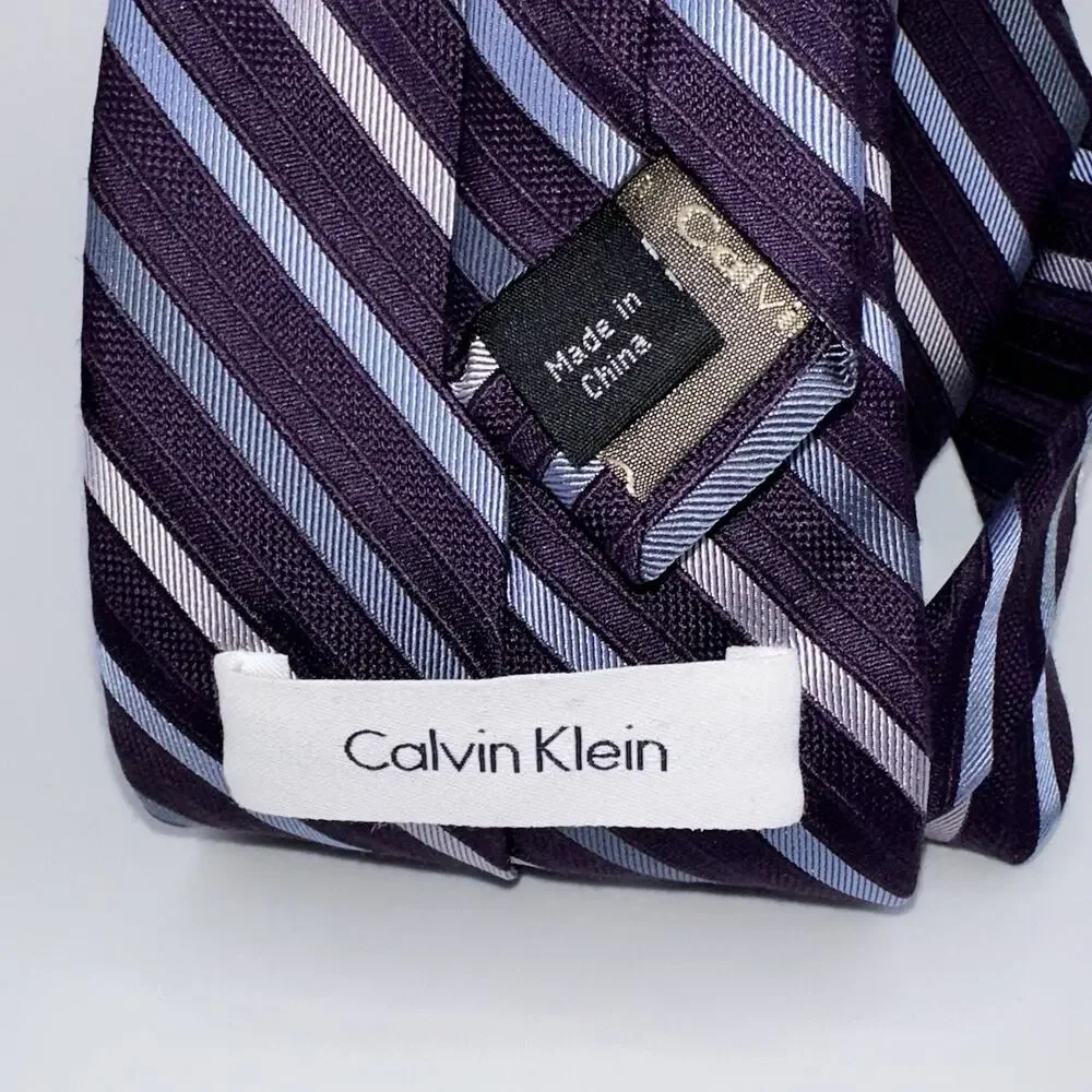 Calvin Klein Silk Tie Purple‎ Blue Striped 58” Classic 3.5” Mens Necktie